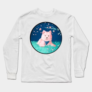 Samoyed Puppy sitting under cherry blossoms Long Sleeve T-Shirt